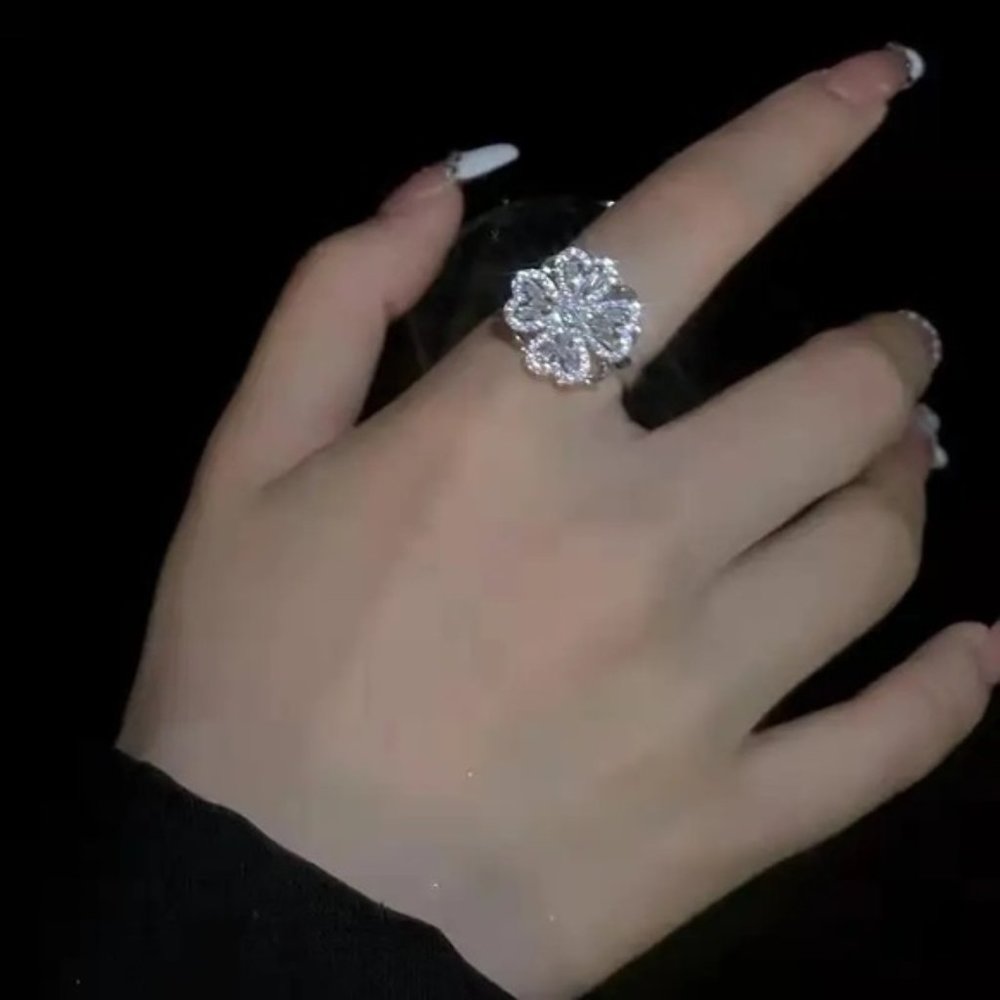 Silver Plated Rotating Four Clover Adjustable Ring